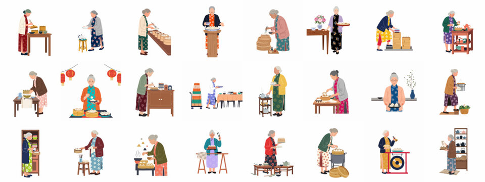 Collection of illustrations featuring an elderly Chinese woman preparing and serving traditional dim sum and tea in various scenes.