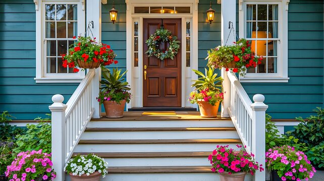 Charming house entrance with wooden front door colorful flower pots and welcoming porch design