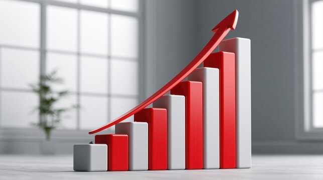 Three-dimensional bar chart with a striking red upward arrow signifies continuous business growth within a modern office.