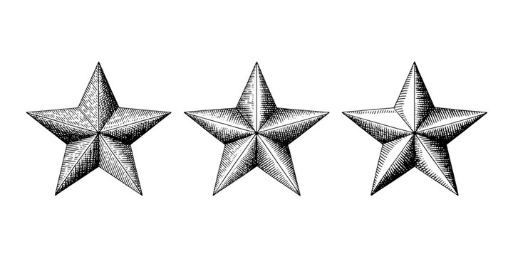 Star Set Engraved Pattern Icons with Sketch Hatching Lines for Vintage Badges, Emblems, and Decorative Design Elements