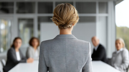 Obraz premium Rear view businesswoman office meeting boardroom leadership facing team at conference table, corporate strategy discussion, professional suit