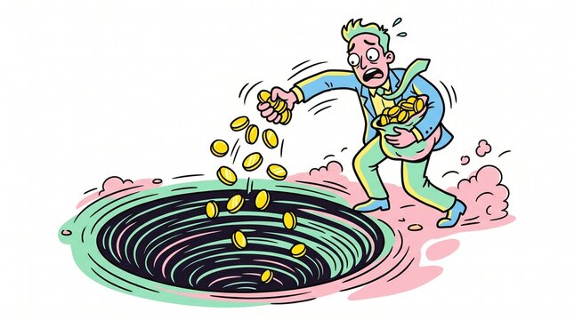 Funny doodle illustration of a business character dropping coins into a dark swirling vortex, sunk cost fallacy concept.
