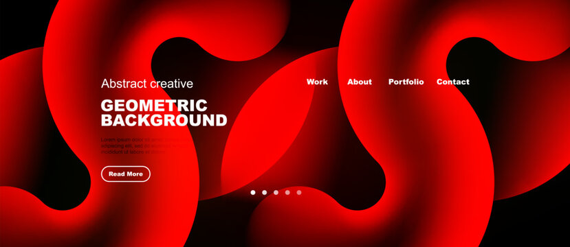 Abstract red design. Fluid shapes create dynamic background. Text elements present work, about, portfolio, contact options.
