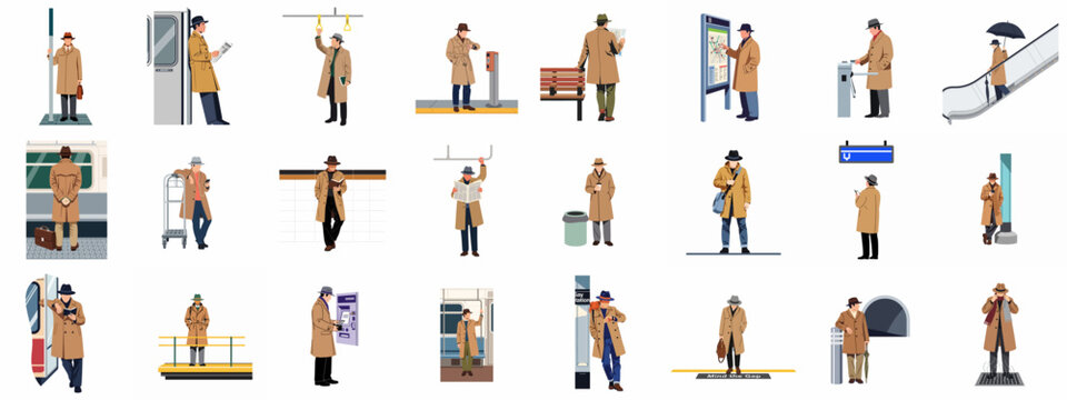 Illustration set featuring a man in a classic trench coat and hat navigating various subway and urban public transit scenarios.