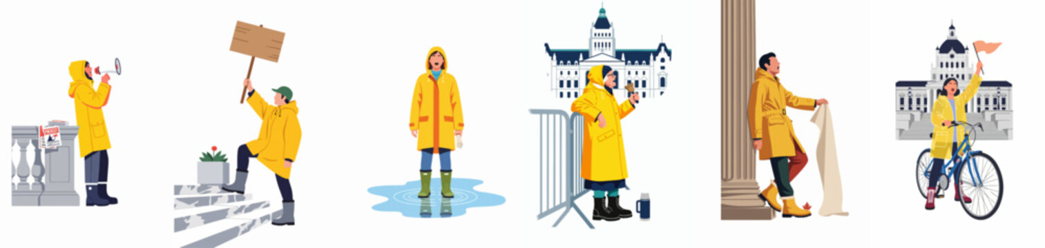 Set of illustrations showing diverse people in yellow raincoats participating in protests and civic demonstrations near government buildings in a modern flat style.