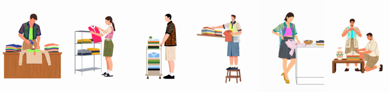 Flat illustration set of people working in a clothing store, folding apparel, tagging garments, and organizing retail stock on white background.