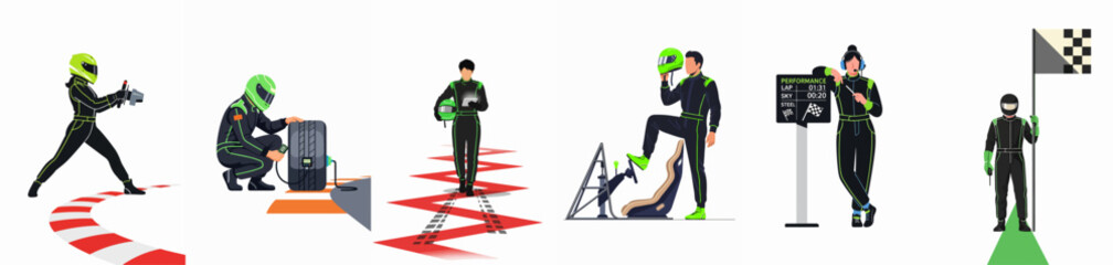 Obraz premium Flat Illustrations Depicting a Professional Car Racing Team, Including Mechanics, Drivers, and Support Staff Performing Tasks in Their Signature Green and Black Suits.