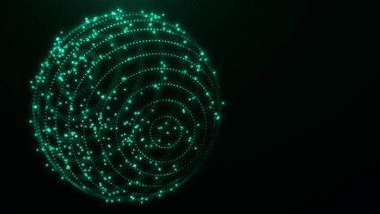 Green circular particle orb with glowing data rings on a dark technology background, futuristic digital visual for network systems, cyber design, and sci-fi screens. © Aksver
