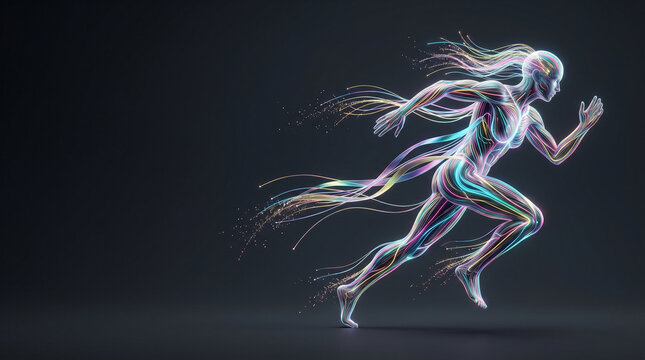 Futuristic translucent runner sprinting fast in dark neon energy void