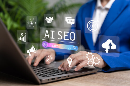 Businesswoman use AI research, SEO analytics tools to analyze search trends, optimize online visibility, expand digital marketing reach, collect technical data, and improve search engine performance