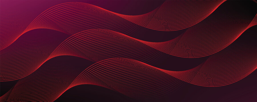 Abstract dark magenta and black gradient vector background with elegant flowing red wavy interwoven lines.