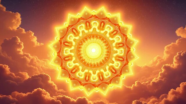 A golden celestial mandala sparkles,  Spiritual celebration, Indian culture.