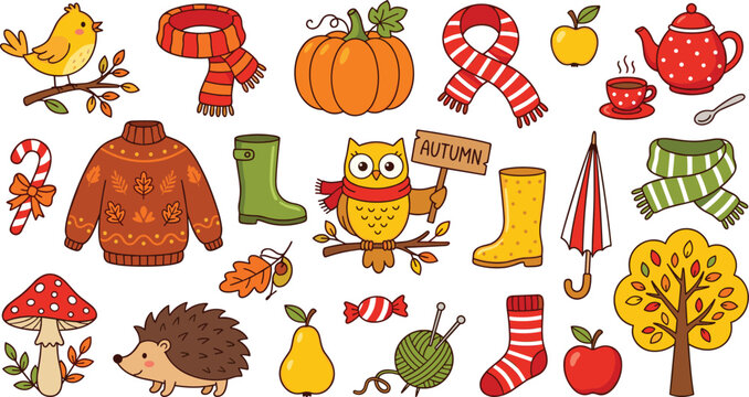 "Autumn season vector illustration with cozy fall elements including owl, pumpkin, leaves, sweater, umbrella, and harvest symbols"