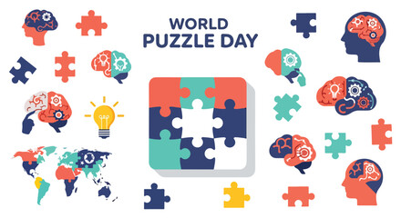 Naklejka premium A colorful graphic celebrating World Puzzle Day with puzzle pieces and brain illustrations