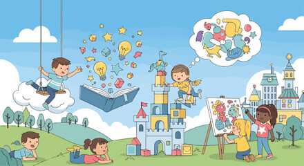 Obraz premium A vibrant cartoon of children playing, imagining, and creating