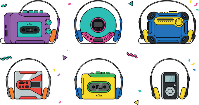 Retro Vintage Portable Music Player Set with Cassette Walkman CD Discman Radio and MP3 Players with Headphones for Nineties Nostalgia Designs