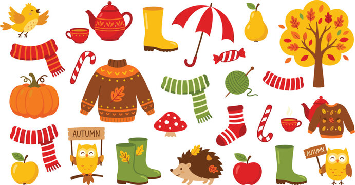 "Autumn season vector illustration with cozy fall elements including owl, pumpkin, leaves, sweater, umbrella, and harvest symbols"