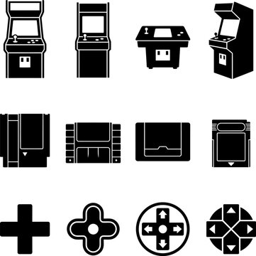 Retro video game icons set including arcade machines cartridges controllers and buttons for gaming enthusiasts wanting to capture classic nostalgic digital culture.