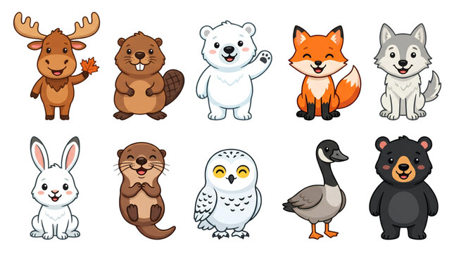 Cute Canadian animal characters collection with friendly forest and Arctic wildlife in playful cartoon style