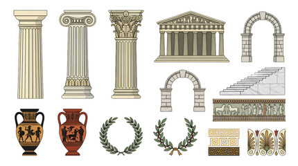 Naklejka premium Ancient Greek architecture vector collection featuring classical temples columns amphorae and decorative historical design elements