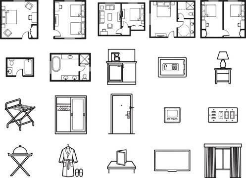 A collection of flat design icons representing various elements and layouts of hotel rooms and amenities.