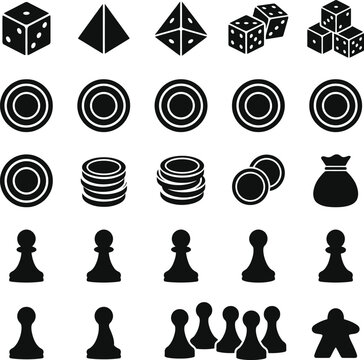 Diverse set of board game elements in black silhouette style featuring various dice, pyramid shapes, tokens, and pawns.