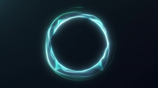Cyan glowing energy portal with soft particles and circular plasma flow on dark space background, clean sci-fi ring visual for intros, screens, and VJ motion.