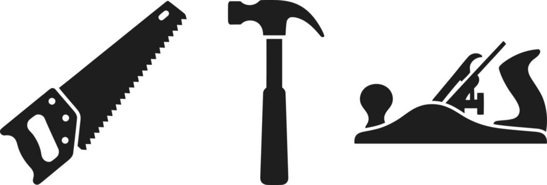 Collection of carpentry and woodworking tools silhouettes including a hand saw hammer and wood plane on a transparent background.