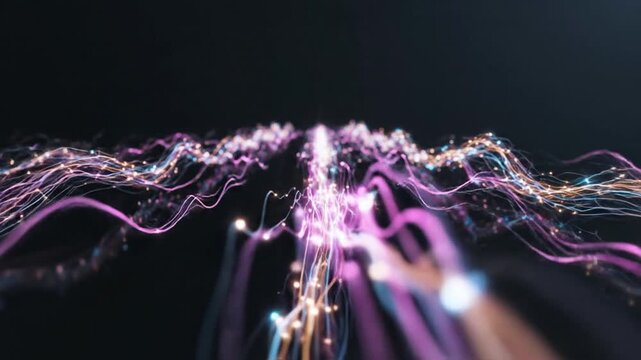 Fiber optic cables transmit glowing pulses of digital light through a dark and infinite data network.