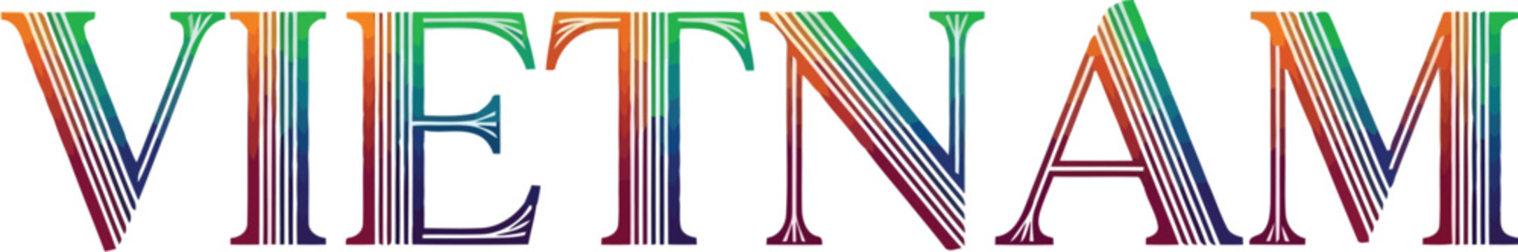 Vietnam text written with colorful vertical stripes lines pattern as a creative typography design for travel posters and national identity promotion graphics