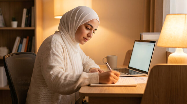 Focused muslim woman in a hijab working from home, writing notes while using a laptop on a wooden desk with warm lighting, distant learning, remote work