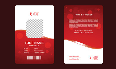 Naklejka premium Red Employee ID Card Template with Abstract Wave Design, Professional Corporate Identity Badge Front and Back