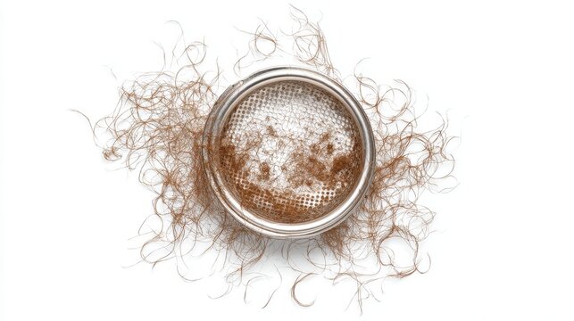 clogged drain strainer filled with human hairs isolated on white background, showing bathroom hygiene problem, water blockage, plumbing maintenance issue and household cleaning concept