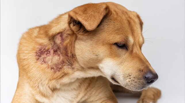 Damaged dog skin after flea bite in closeup view, showing irritation, inflammation and parasite infestation, animal health problem, veterinary care concept and pet dermatology condition