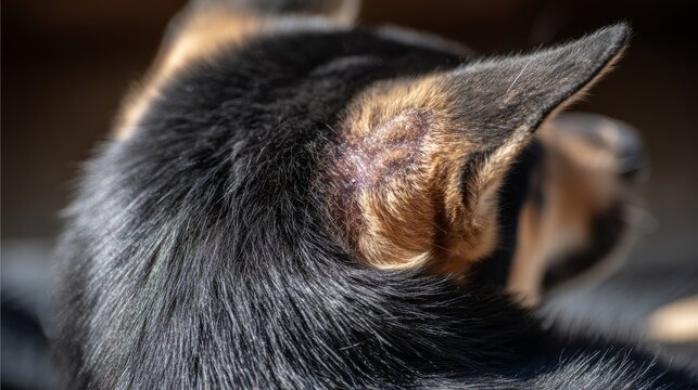 Damaged dog skin after flea bite in closeup view, showing irritation, inflammation and parasite infestation, animal health problem, veterinary care concept and pet dermatology condition
