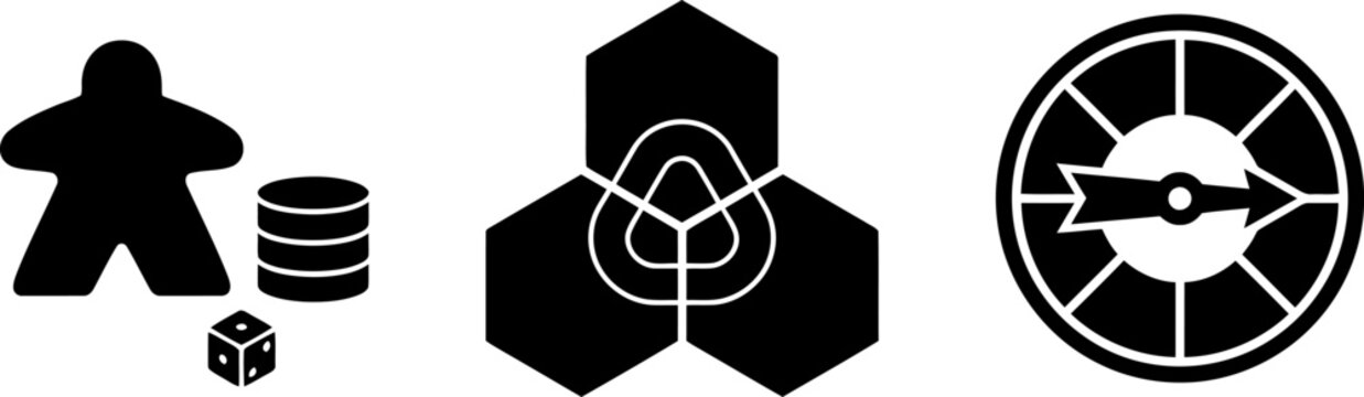 Combined board game elements icon showing meeple coin and dice for simple logo design or mobile app interface buttons in professional flat black vector illustration.