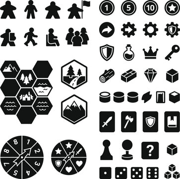 Extensive resource and character icon set for strategy board games including meeples coins gears resources weapons and terrain hexes for complex gaming development.