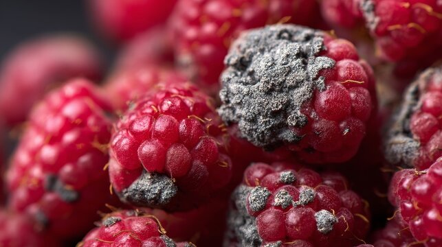 close up of ripe red raspberries with mold and spoilage, showing fungal decay, natural rot, unhealthy berries, textured details and moldy fruit concept for food safety