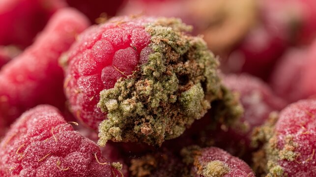 close up of ripe red raspberries with mold and spoilage, showing fungal decay, natural rot, unhealthy berries, textured details and moldy fruit concept for food safety