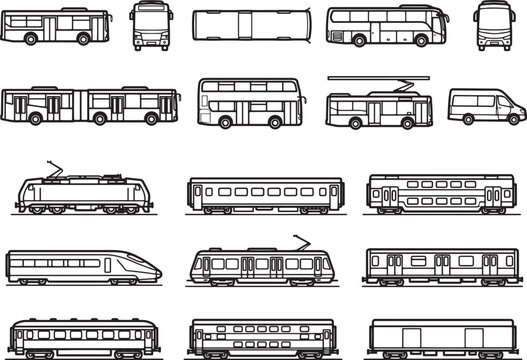 A collection of various public transport vehicles including buses, trains and trams rendered in a clean, vector illustration style.