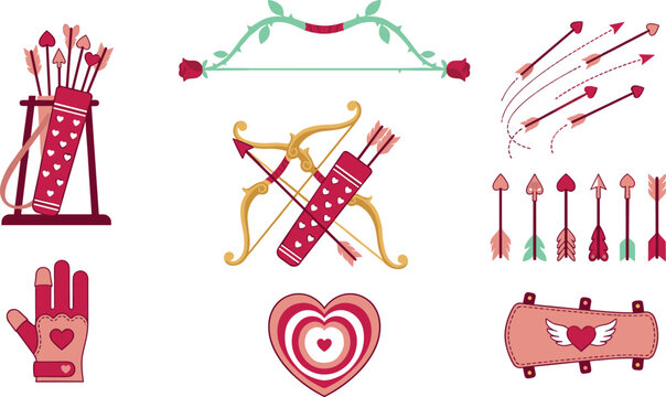 Cupid Archery Vector Set with Golden Bow Rose Thorny Bow Heart Tipped Arrows Quiver Glove and Target for Valentines Day Graphic Designs