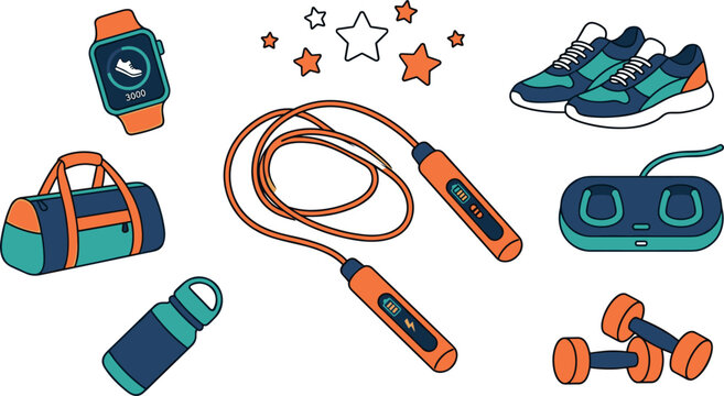Cute Cartoon Smart Jump Rope and Workout Gear Set with Smartwatch Running Shoes Duffel Bag and Dumbbells for Fitness App Designs