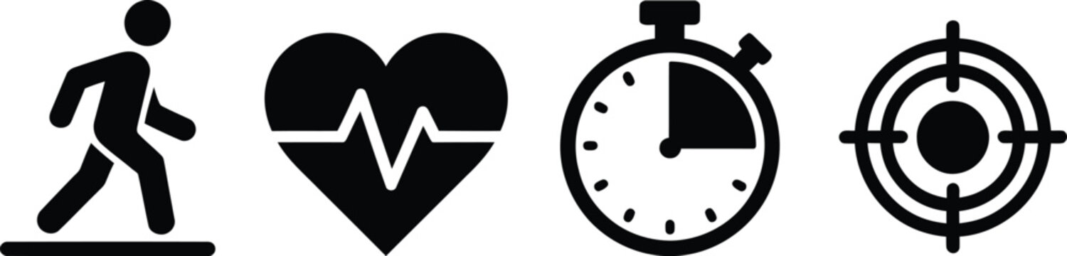 Four black icons representing health fitness timing and target goals
