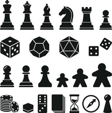 Collection of board game icons featuring tabletop gaming figures chess pieces dice polyhedral shapes card symbols and assorted game components black vector.