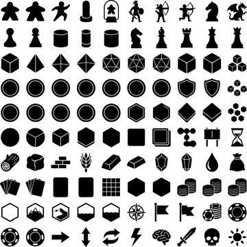 Comprehensive board game assets and gaming components collection featuring meeples chess figures polyhedral dice resources and tabletop icons black vector set.