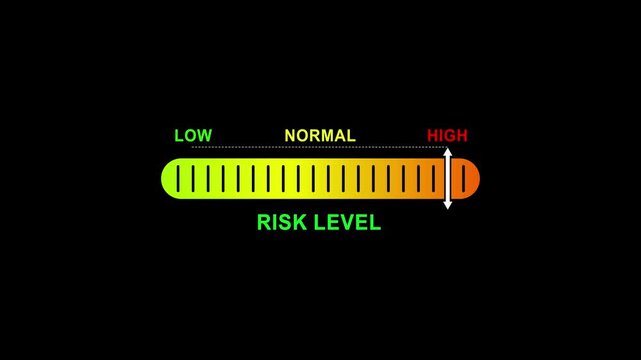 risk level indicator scale.Low normal high meter infographic animation on black background. Showing high pressure level color gauge indicator for health monitoring and safety analysis.4k quality video