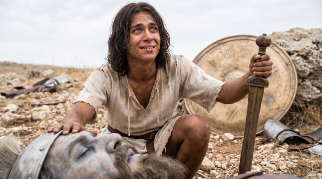 Young David future king standing over defeated Goliath, close-up of David&rsquo;s face and upper body, kneeling beside Goliath&rsquo;s head, holding Goliath&rsquo;s sword, looking upward in prayer or thanks