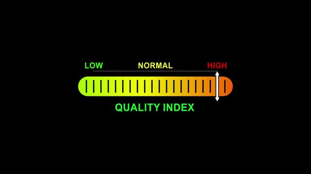 quality index level indicator scale.Low normal high meter infographic animation on black background. Showing high pressure level color gauge indicator for health monitoring and safety analysis.4k