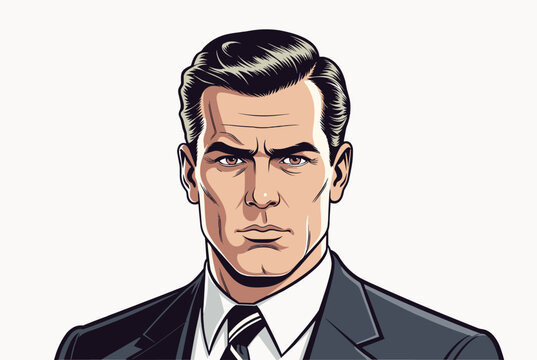 Serious professional man in a dark suit and tie looking directly at the camera with a stern expression in comic style.