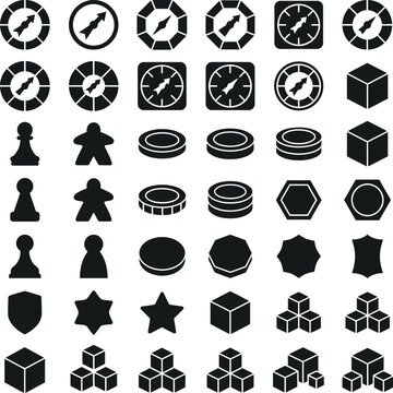 Board game pieces black silhouette vector pack of tokens, pawns, dice, and spinners for tabletop and strategy games.